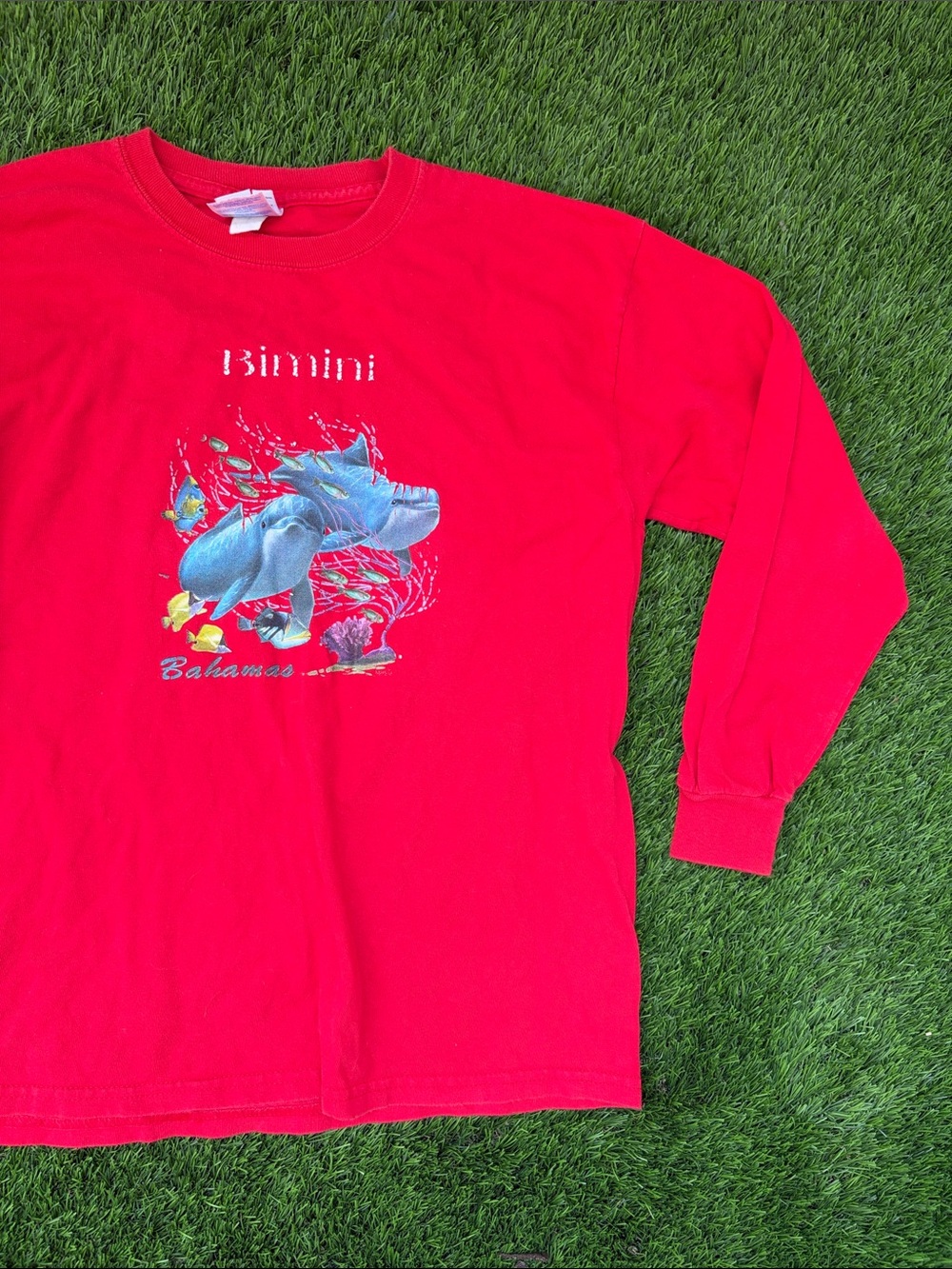 Gildan Red Kids Long Sleeve Tee biminiBahamas Dolphin Graphic unisex size large